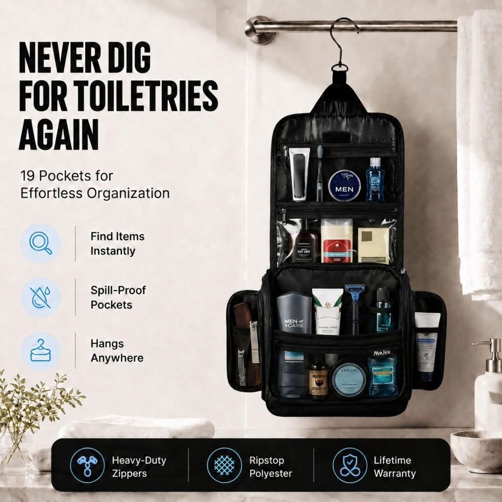 AvaJex Travel Toiletry Bag for Men - Large Dopp Kit (10.6"x10.6"x3.2") - Hanging Waterproof Mens Hygiene Organizer Bag with XXL Metal Swivel Hook, Sturdy Zippers and 19 Compartments for Toiletries
