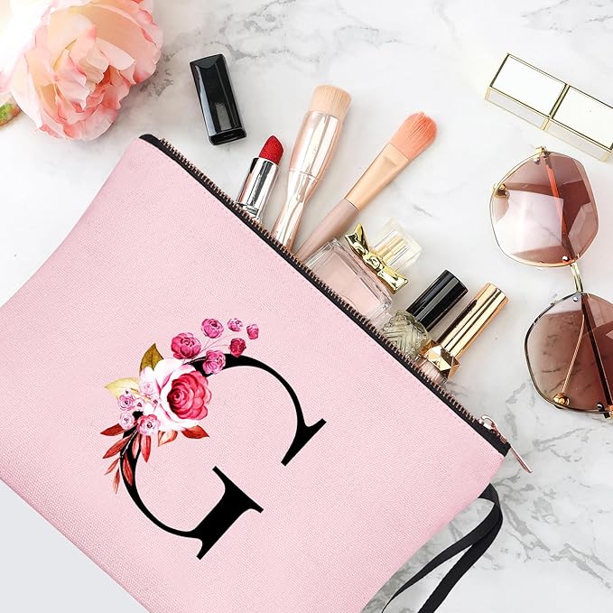 Vavabox A-Z Personalized Makeup Bag, Birthday Gifts for Women Mom, Gifts for Best Friend, Bride Bridesmaid Cosmetic bag (G, 06-Pink)