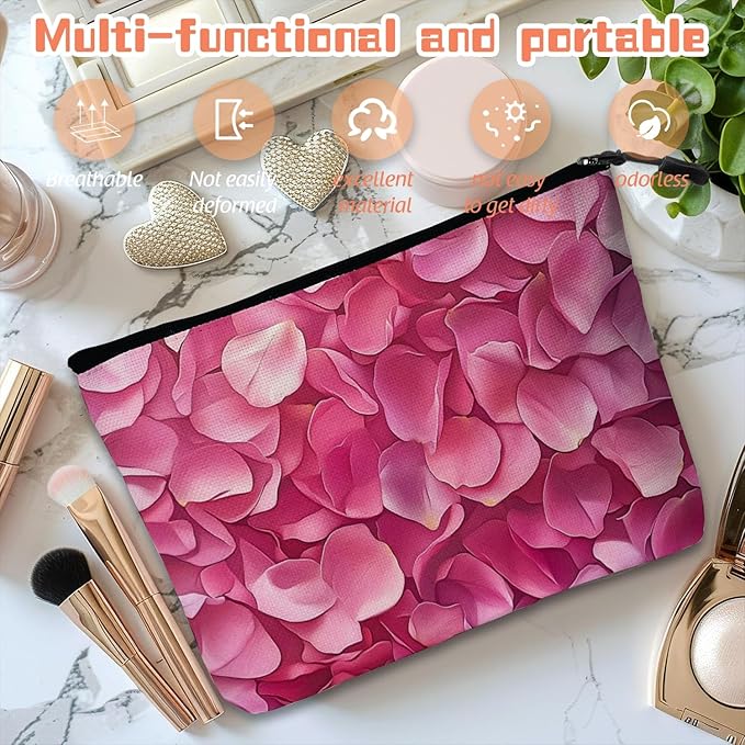 Scribesense Cosmetic Bags Travel Makeup Toilet Case Waterproof Pouch for Women Girls 6.7X9.45inches - Pink Petals in A Layered Composition