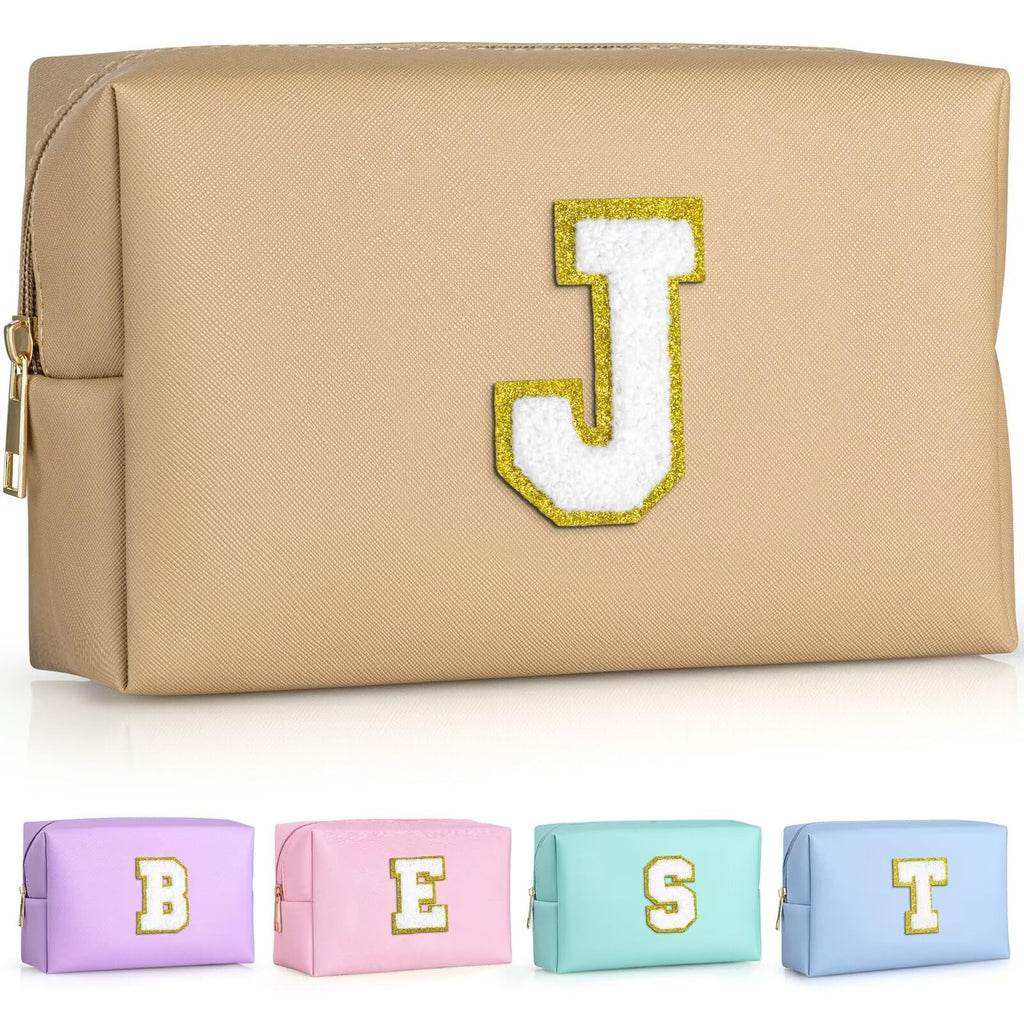 TOPEAST Birthday Gifts for Girls, Travel Makeup Bag Chenille Letter Pouch Cosmetic Bag, Makeup Travel Organizer, Monogrammed Bridesmaid Gifts for Women, Cute Stuff for Girls (Khaki J)