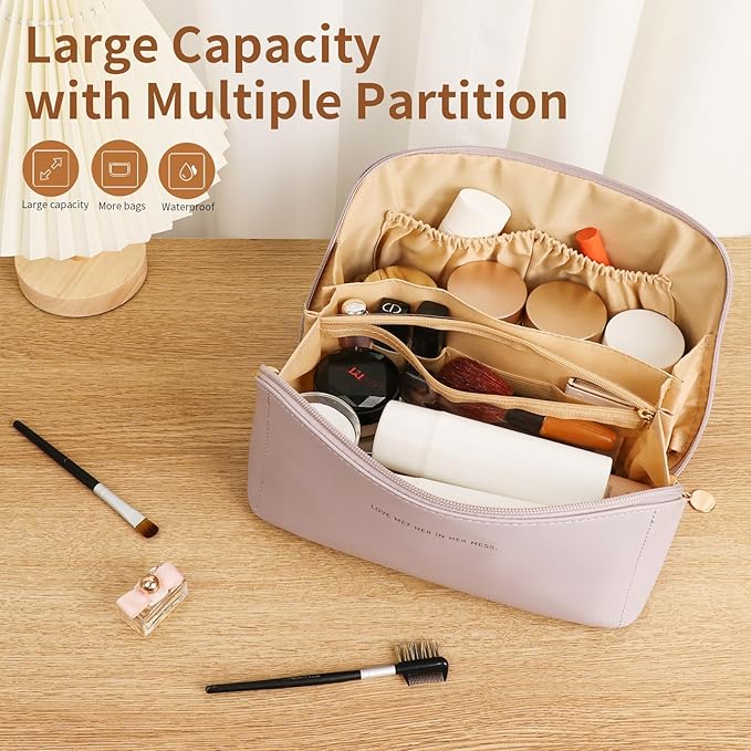 zaleeta Travel Makeup Bag, Large Capacity Cosmetic Organizer Bags for Women, Waterproof PU Leather Toiletry Bags, Wide Open Flat Makeup Case with Divider and Handle
