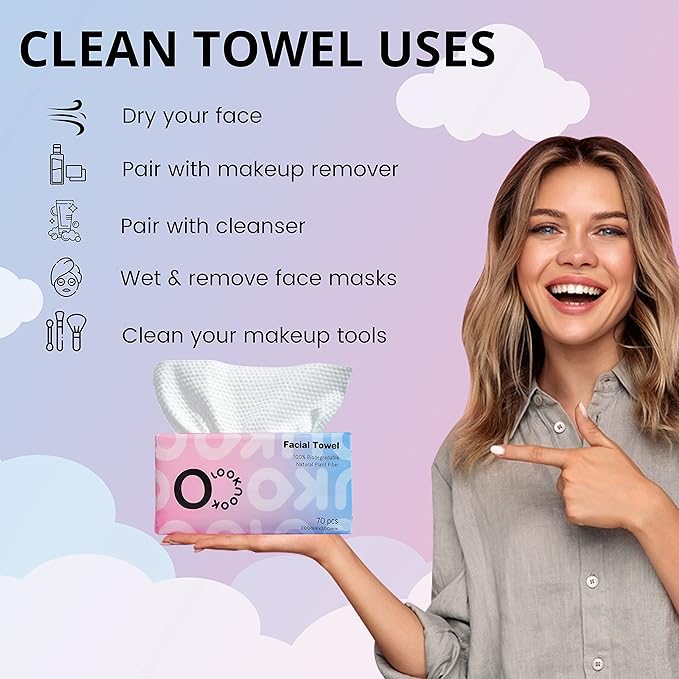 LOOKNOOK Disposable Face Towel, 50% Thicker, Soft for Sensitive Skin, Multipurpose Cleaning Cloth, 70 Count, 6 pack