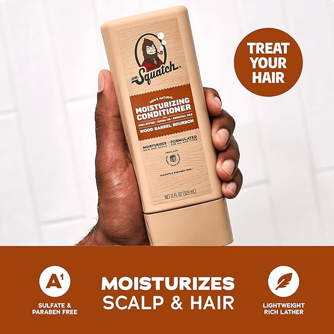 Dr. Squatch Men's Natural Shampoo and Conditioner Set – Sulfate & Paraben Free Natural Shampoo and Conditioner for Men – Scalp Nourishing Formula – Wood Barrel Bourbon (11 fl oz, 2-Pack)