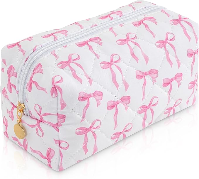 UUYUUY Makeup Bag Travel Toiletry Bag for Women, Small Cosmetic Bags Cute Quilted Cotton Makeup Pouch for Purse Emergency Bag Pencil Case Accessory Bag, Ribbon Bow