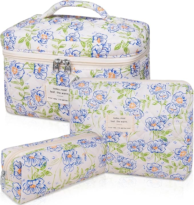 Gosect 3PC Makeup Bag Set, Quilted Makeup Bag, Large Floral Cosmetic Bag for Women, Cute Cotton Makeup Bags, Flower Travel Toiletry Organizer Bag (light blue)