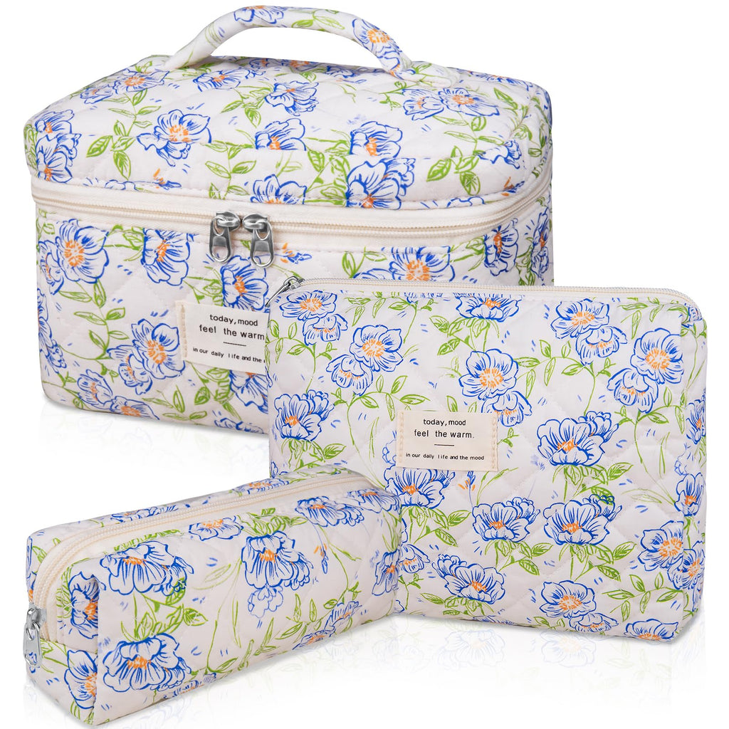 Gosect 3PC Makeup Bag Set, Quilted Makeup Bag, Large Floral Cosmetic Bag for Women, Cute Cotton Makeup Bags, Flower Travel Toiletry Organizer Bag (light blue)