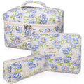 Gosect 3PC Makeup Bag Set, Quilted Makeup Bag, Large Floral Cosmetic Bag for Women, Cute Cotton Makeup Bags, Flower Travel Toiletry Organizer Bag (light blue)