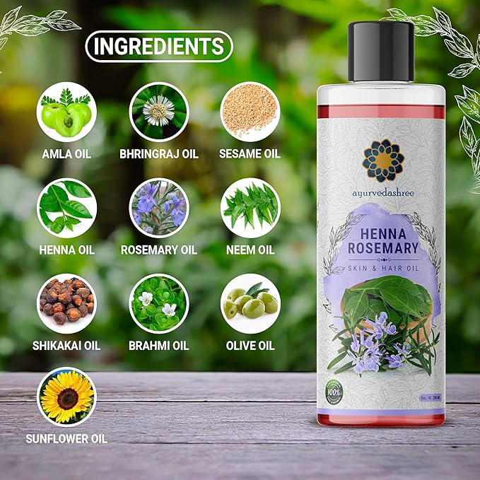 AYURVEDASHREE Henna Rosemary Hair Oil 200 ml, 6.76 fl oz with Neem, Shikakai, Bhringraj, Amla, Brahmi, Sesame, Olive & Sunflower Oils
