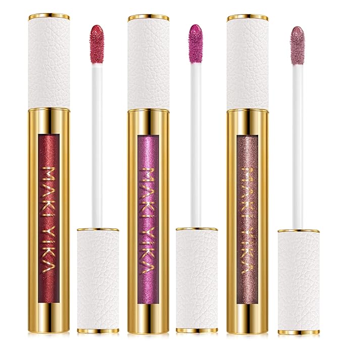 MAKI YIKA 3Pc Metallic Lipstick for Women Red Pink Brown Glitter Lipsticks