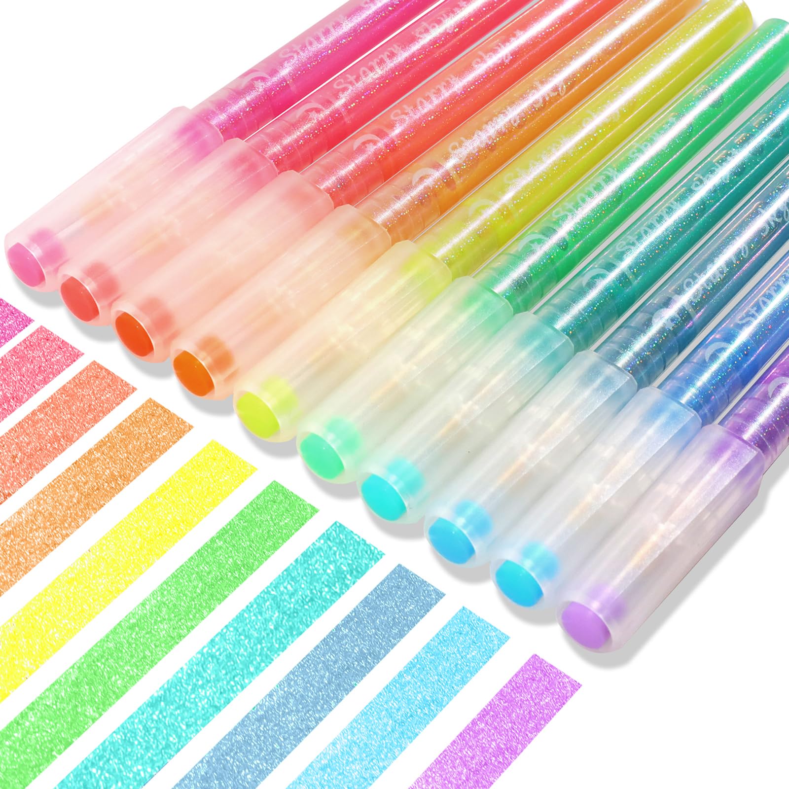 HANKU Glitter Highlighters Assorted Colors, 10-Count Chisel Tip Sparkle Highlighters, No Bleed Pastel Highlighter Markers For Adult Coloring Book Bible Journaling