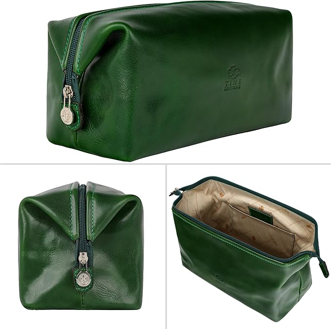 Time Resistance Leather Toiletry Bag - Italian Cosmetic Case Dopp Kit (Green)