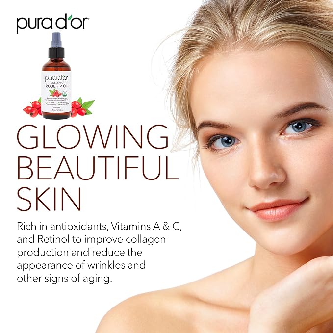 PURA D'OR ORGANIC Rosehip Seed Oil 100% Pure Cold Pressed USDA Certified For Hair, Skin, Scalp, Anti Aging Face & Body - Hexane Free Glass Bottle - 4 Oz - Ayurvedic Hair Care