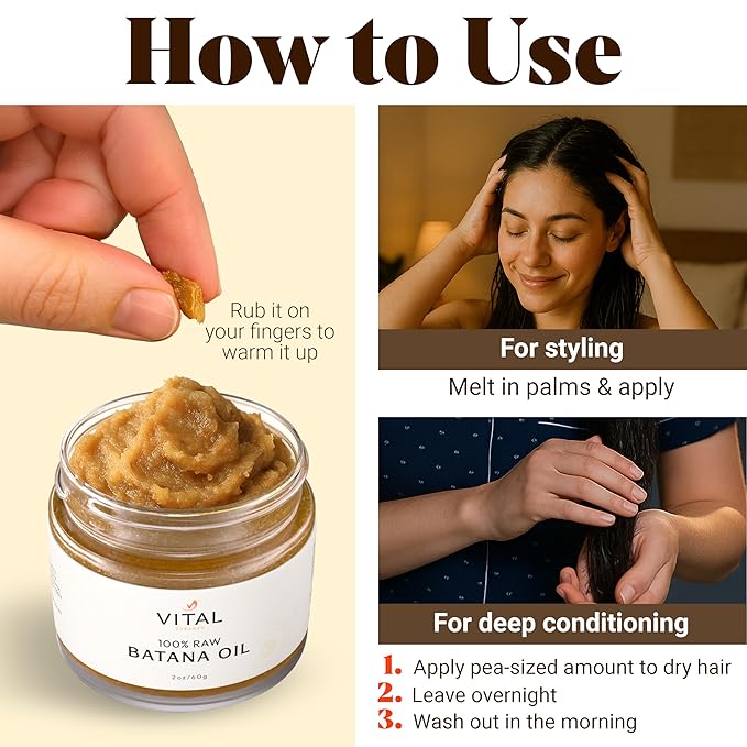 Vital Strands 100% Organic Raw Batana Oil for Hair Growth – Strengthens Hair, Reduces Breakage, Enhances Shine – Pure, Non-Greasy – No Silicones, Sulfates, or Parabens – All Hair Types – 2oz Glass Jar