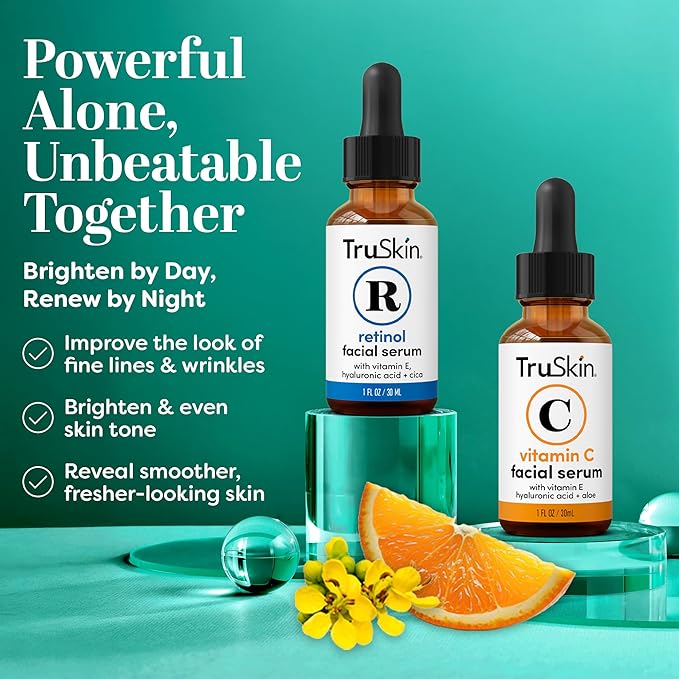 TruSkin Face Serum Duo - Vitamin C Serum & Retinol Serum for Face - AM & PM Anti Aging Skincare Routine - Brightening & Smoothing Facial Serums, 1 fl oz Each