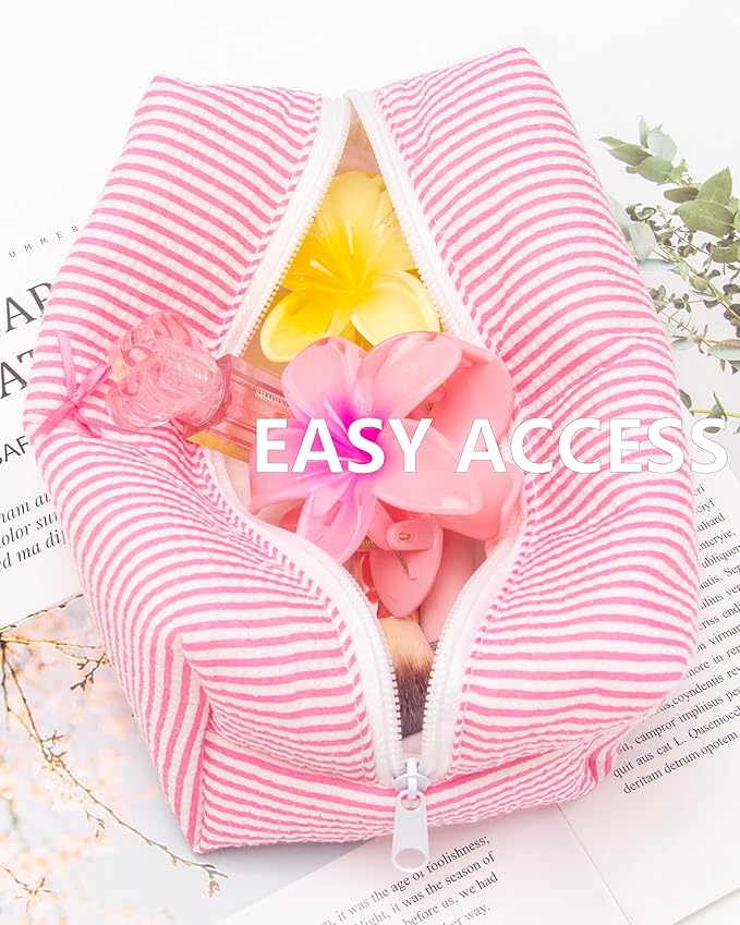 Cozy Makeup Bag for Women,Zipper Cosmetic Pouch,Stripe Candy Pink,2 Pack