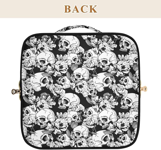 MNSRUU Makeup Organizer Bag, Skull and Flowers Travel Makeup Bags Makeup Vanity Case Large Capacity Rhombus Cosmetic Toiletry Bag for Girl Women Ladies