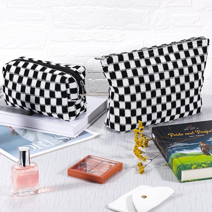 ZLFSRQ 2Pcs Checkered Makeup Bag for Women Large Small Travel Toiletry Bag Organizer Aesthetic Black Zipper Cosmetic Bags Cute Makeup Pouch for Purse Pencil Case Pencil Pouch Skincare Storage Bags