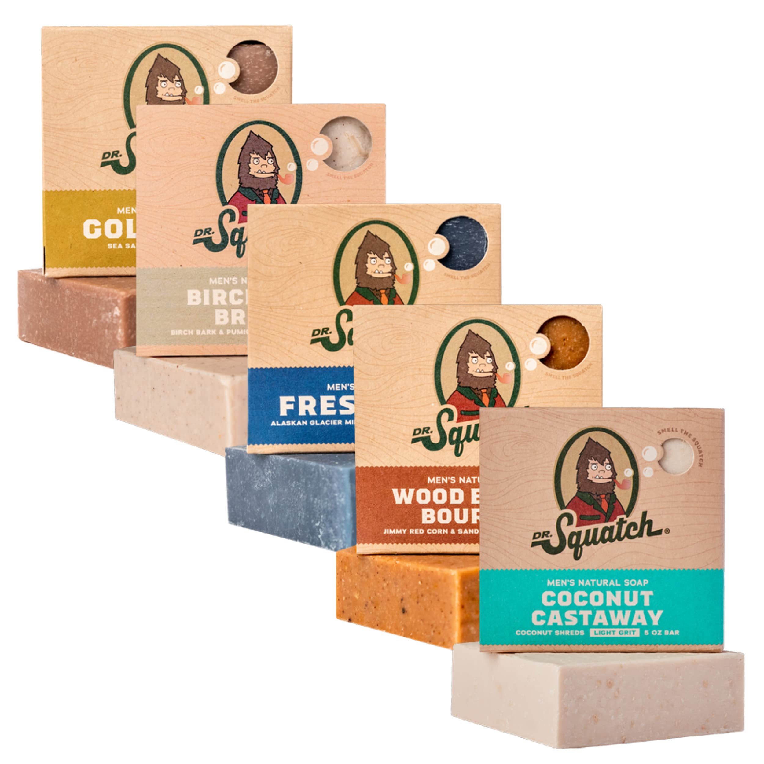 Dr. Squatch Natural Men’s Bar Soap - Cold Process Body Soap Bar with Natural Oils - Gifts for Men - Coconut Castaway, Wood Barrel Bourbon, Fresh Falls, Birchwood Breeze & Gold Moss (5 oz, 5-Pack)