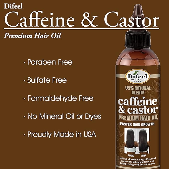Difeel Caffeine & Castor Hair Oil Blend for Thicker, Fuller-Looking Hair 8 oz. - Nourishing Scalp & Hair Oil Treatment, Strengthens Moisture Retention