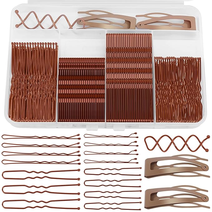 FLAREANN Brown Bobby Pins Set with U Shape Pins, Spiral Pin & Snap Clips