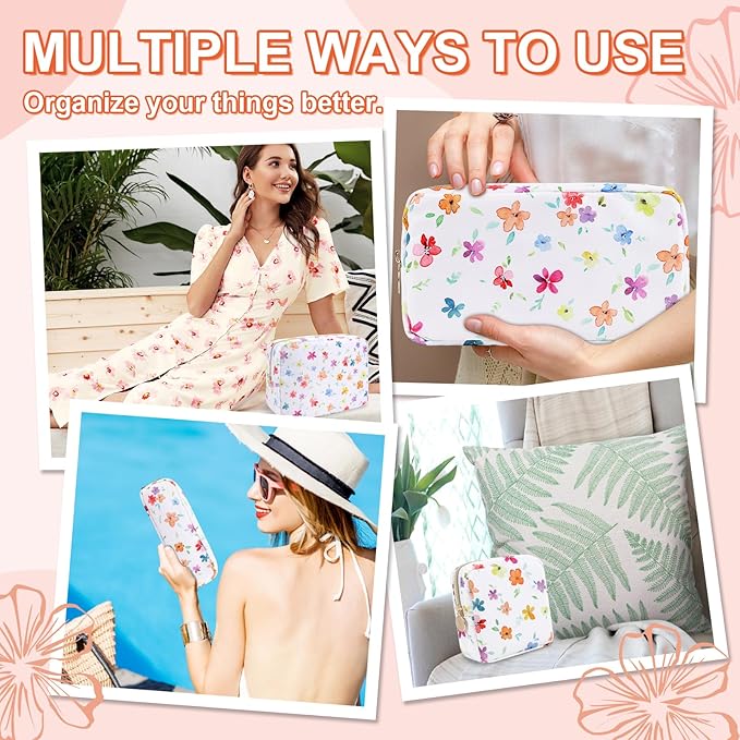 Waterproof Mini Floral Makeup Bag Pouch for Purse,Nylon Flower Cosmetic Travel Bag Small Preppy Toiletry Organizers for Women Girl,Cute Zipper Pouch Coin Purse for Work(Mini Colorful-Flowers)