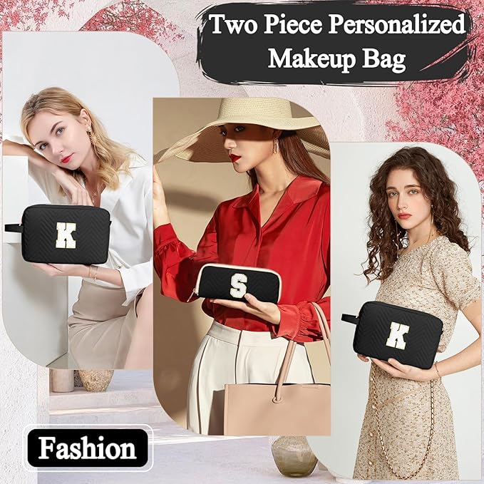Sernaxi Personalized Initial Makeup Bag Waterproof Leather Cosmetic Bag Travel Toiletry Bag, Valentine’s Day Gift Makeup Organizer Case & Makeup Pouch for Women Teen Girls Mom Girlfriend Wife