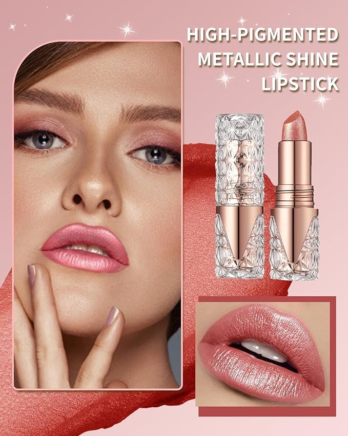 Metallic Frosted Lipstick for Women, Waterproof Glitter Lipstick Makeup-06