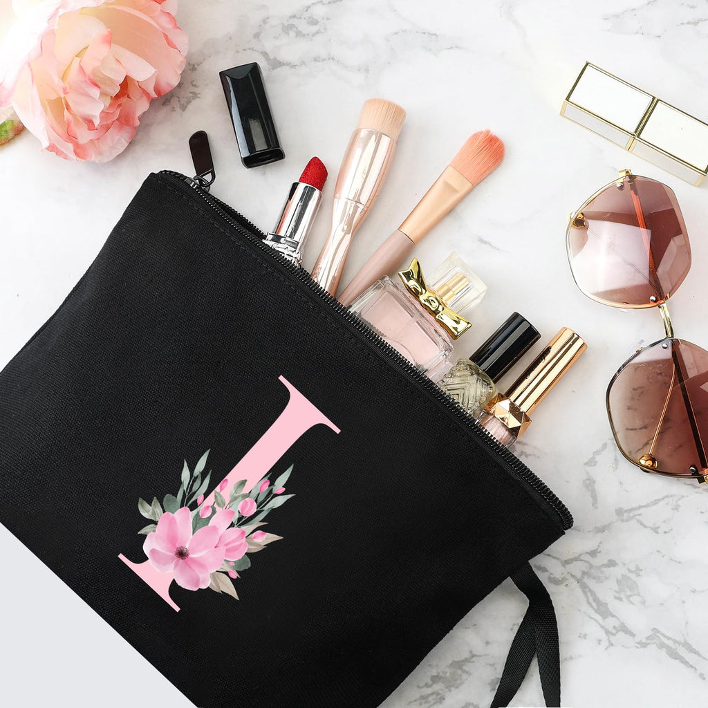 Vavabox A-Z Personalized Makeup Bag, Birthday Gifts for Women Mom, Gifts for Best Friend, Bride Bridesmaid Cosmetic bag (I, 02-Black)