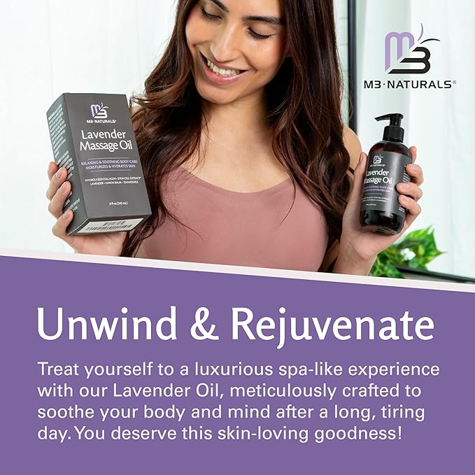 Lavender Sensual Massage Oil with Collagen and Stem Cells, Skin Tightening Therapy for Bum, Thighs, and Belly, Fast-Absorbing Cellulite Oil, 8 fl oz by M3 (Pack of 2)