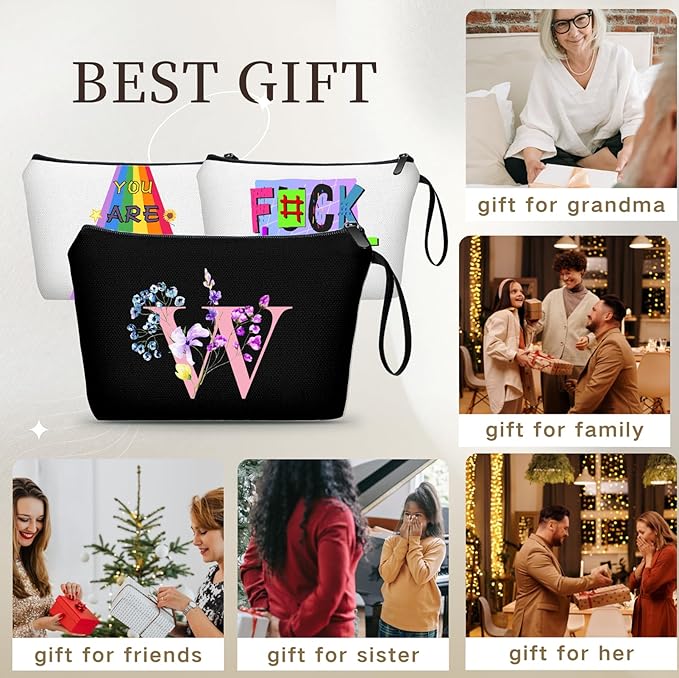 SEAMOON A-Z Personalized Gifts for Women, Small Makeup Bag with Mirror, W