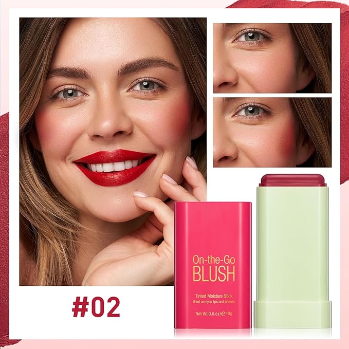 BEFIVECOK Blush Stick for Cheeks - Cream Makeup Blush Wand, Solid Moisturizer Stick for Cheeks Tint, Natural Blendable Waterproof Korean Matte Long-Lasting Smooth Blushes (#02 Hot Red)