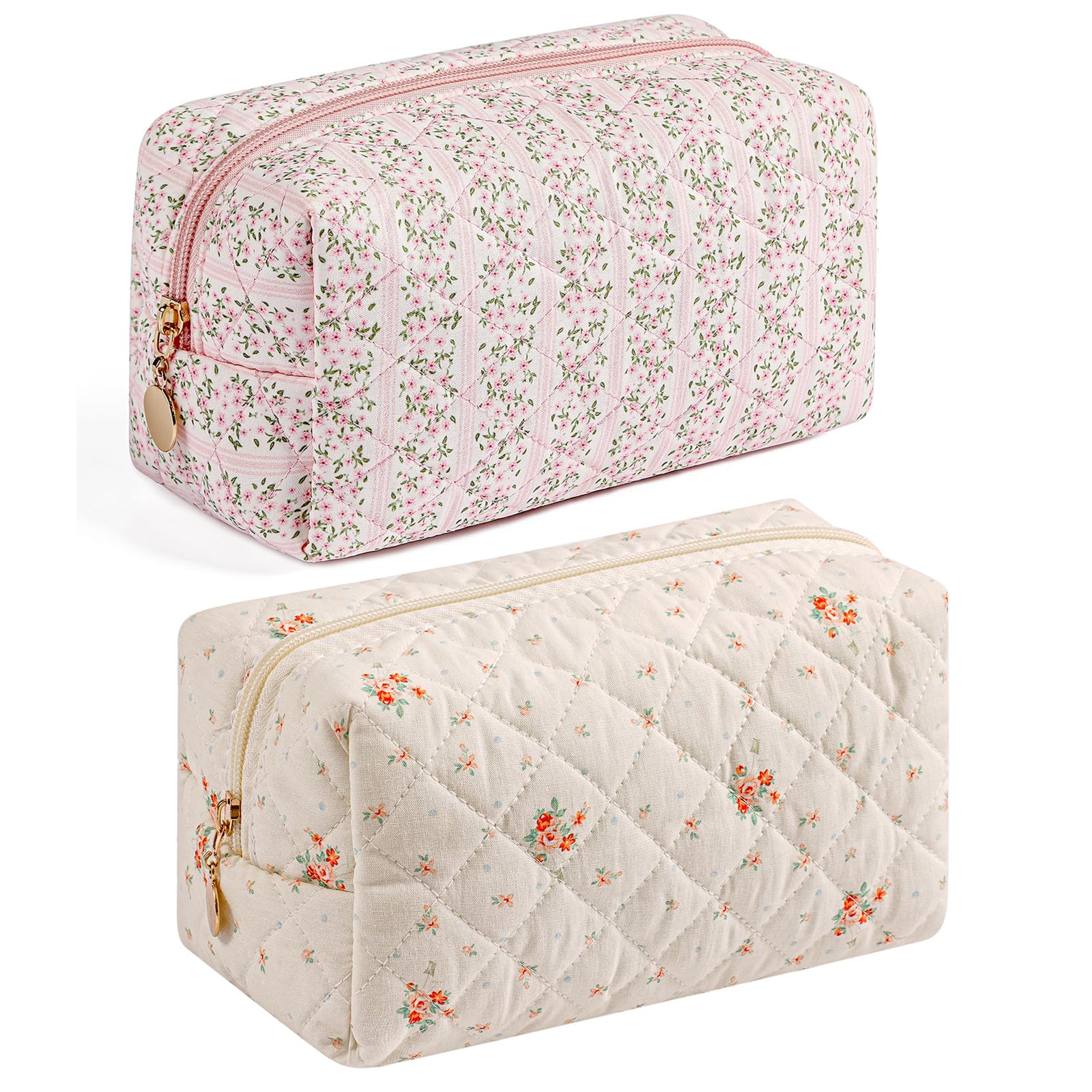 HHQQWZ Makeup Bag Travel Cosmetic Bag for Women Girls, Zipper Make Up Pouch, Floral Flowers Toiletry Organizer Makeup, Portable Storage Cosmetic Travel Cloth Bag (Pink+White Small Flower)