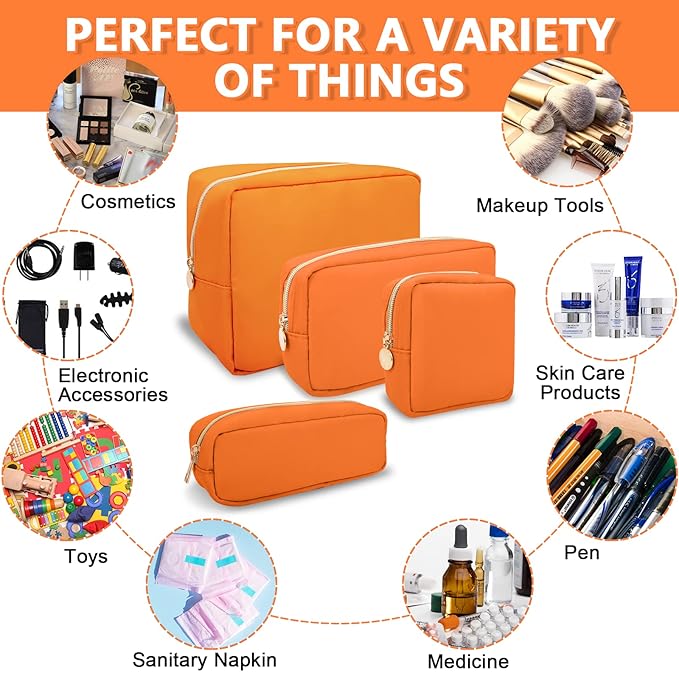 UIXIZQ Small Makeup Bag Pouch for Purse, Nylon Travel Toiletry Storage Bag Cute Preppy Cosmetic Bag for Women Girls, Waterproof Makeup Organizer Bag Pouch Skincare Bag Purse with Zipper (Small-Peach)