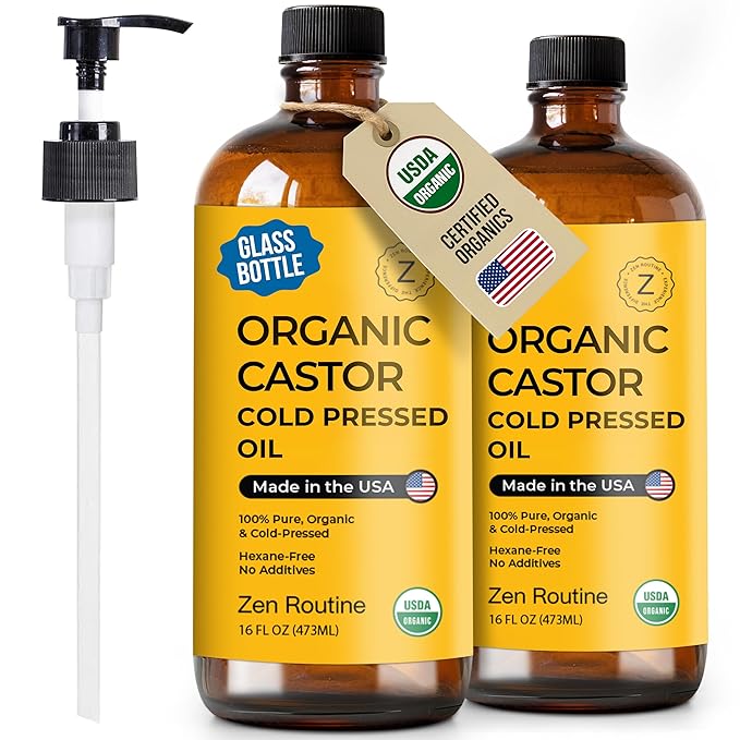 Zen Routine Organic Castor Oil 16oz (2-Pack) Cold Pressed Unrefined Glass Bottles – Aceite de Ricino Hair Growth Oil for Hair, Lashes & Castor Oil Packs – USDA Certified, Made in USA