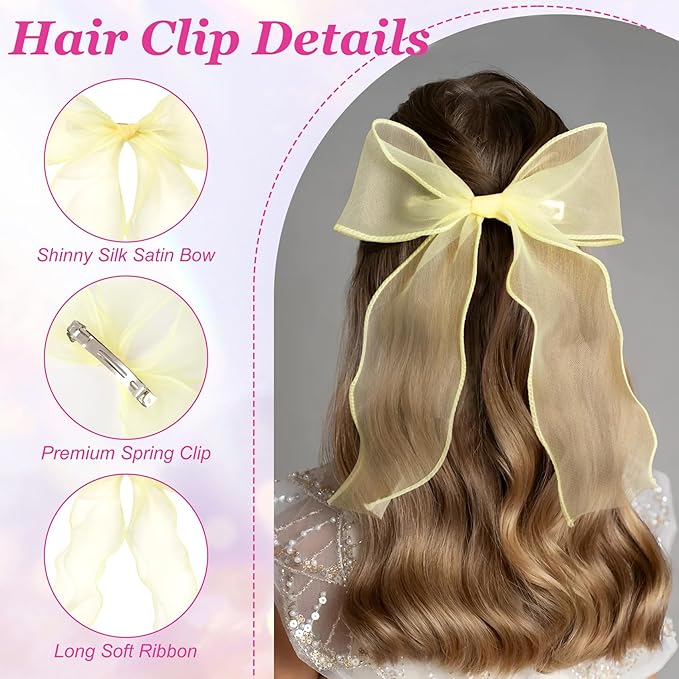 SmallCat 2Pcs Large Hair Bow Clips, Yellow Silk Lace Ribbon Bow for Women, Elegant Long Tail Bowknot French Hair Styling Barrette for Wedding, Parties, Daily Use