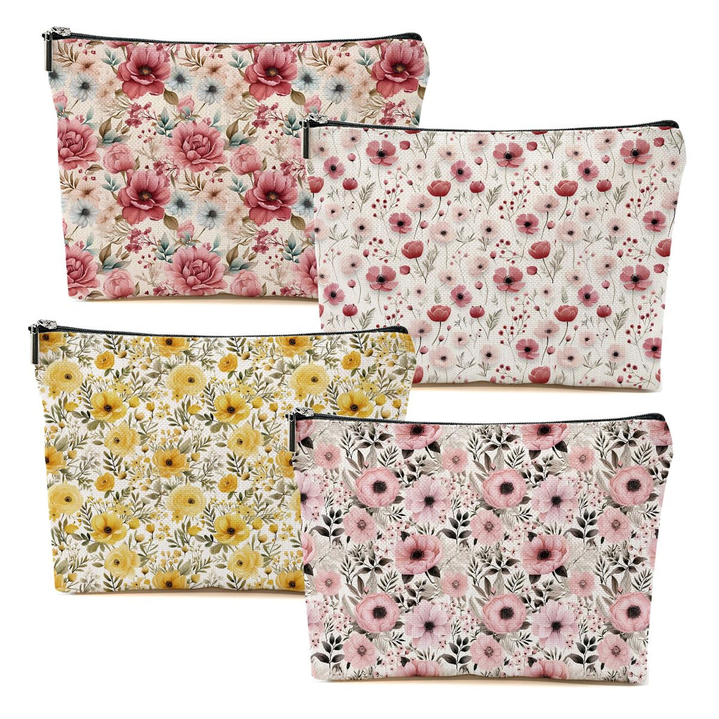 DHKG 4 Packs Watercolor Pink Yellow Flowers Makeup Bag Floral Cosmetic Bag Friend Friendship Gifts for Women Girls Bestie Botanical Travel Organizer Zipper Pouch Christmas Thanksgiving Birthday Gifts