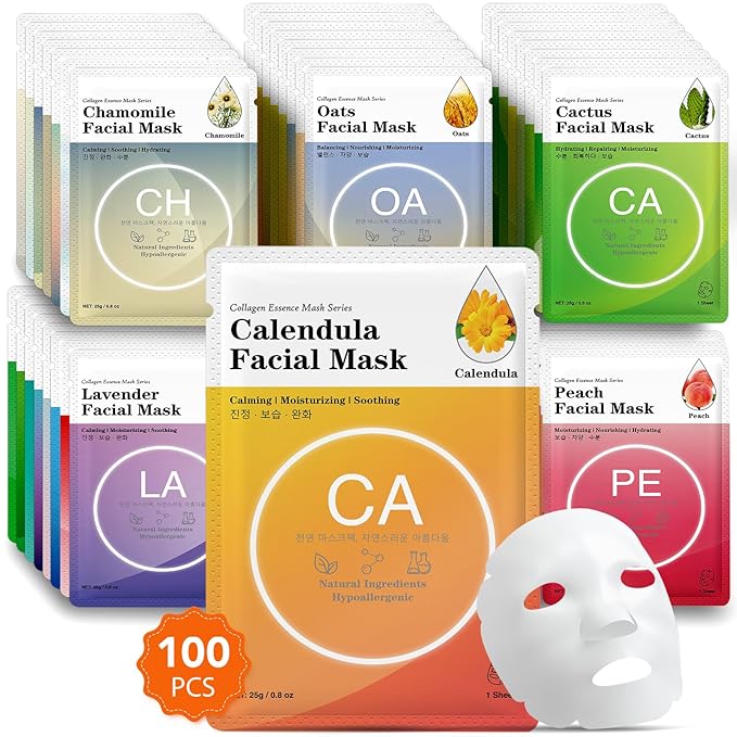 100 Pack Collagen Essence Sheet Facial Masks, Bulk Face Masks Skincare