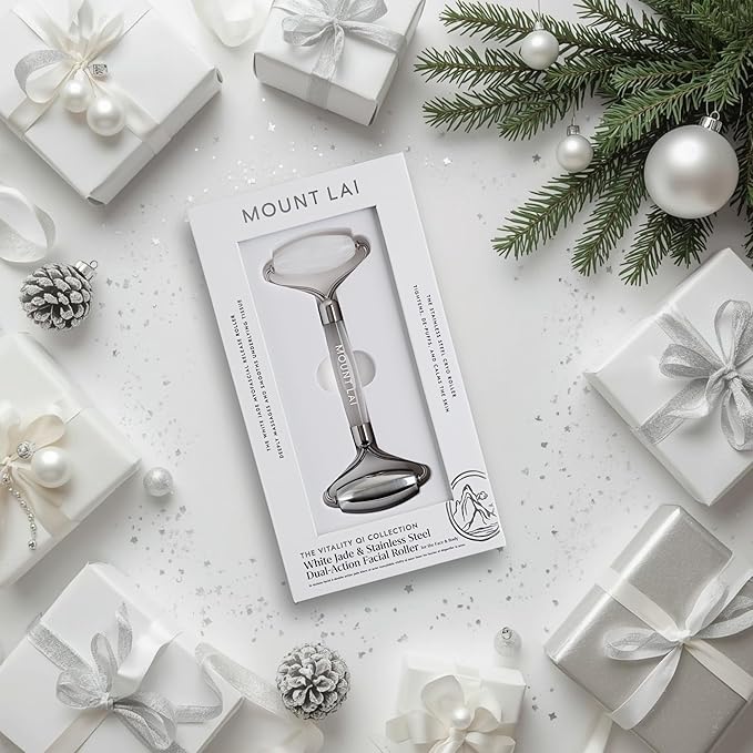 Mount Lai The Vitality Qi White Jade & Stainless Steel Face Roller - The Stone of Harmony and Clarity, Facial Massager Tool for Soothing, Refreshing & Radiant-Looking Skin, Self-Care Ritual