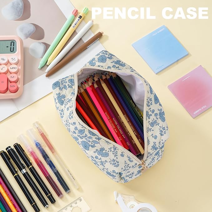 UUYUUY Makeup Bag Travel Toiletry Bag for Women, Small Cosmetic Bags Cute Quilted Cotton Makeup Pouch for Purse Emergency Bag Pencil Case Accessory Bag, Blue