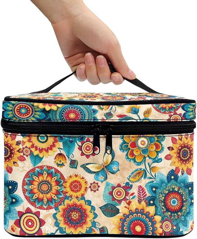 Drydeepin Boho Style Mandala Butterfly Pattern Travel Makeup Bags for Women Portable Tote Cosmetic Case with Carry Handle Toiletry Accessories Storage Organizer Bags