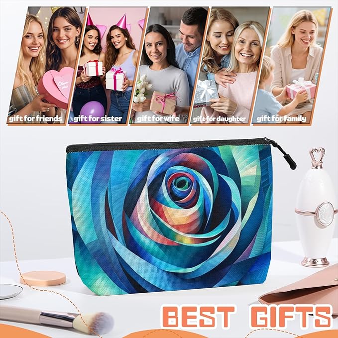Scribesense Cosmetic Bags Travel Makeup Toilet Case Waterproof Pouch for Women Girls 6.7X9.45inches - Blue - Toned Abstract Rose - Like Spiral
