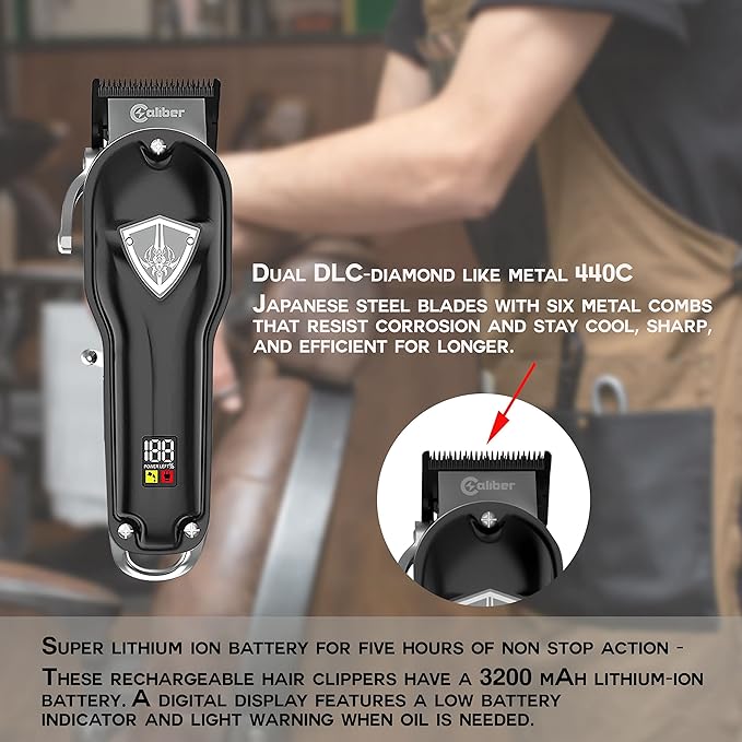 Caliber.44 Magnum FMJ rdless Clipper Kit - Professional Mens Clippers for Hair, Beard and Muache - Rechargeable Grooming Electric Razor – Bundled with Caliber No Slip Clipper Grips,4 Piece Set