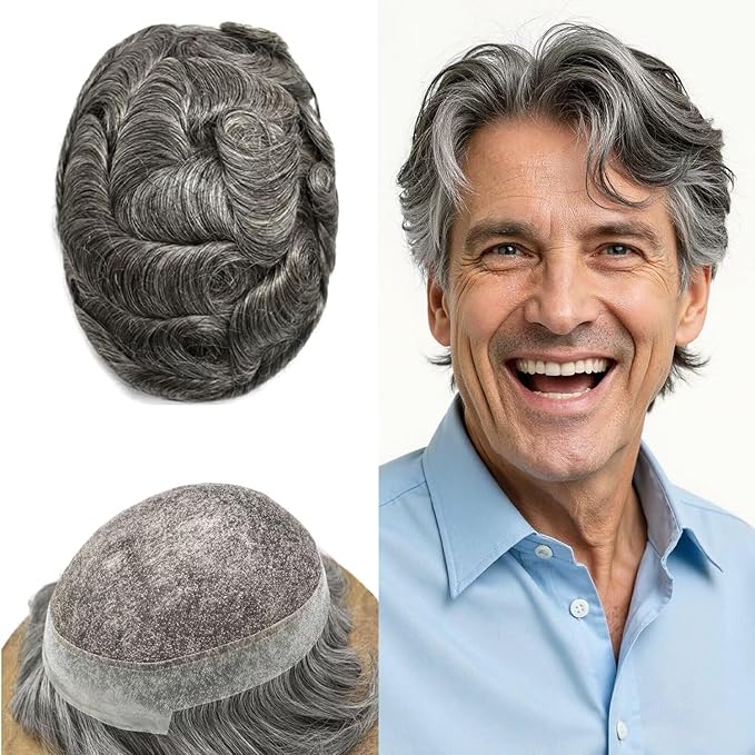 F M FACE MIRACLE NEW YORK Toupee for Men French Lace Center Mens Toupee Hairpiens Human Hair Replacement System Black Brown Blonde Gray Hair Units, 7X9
