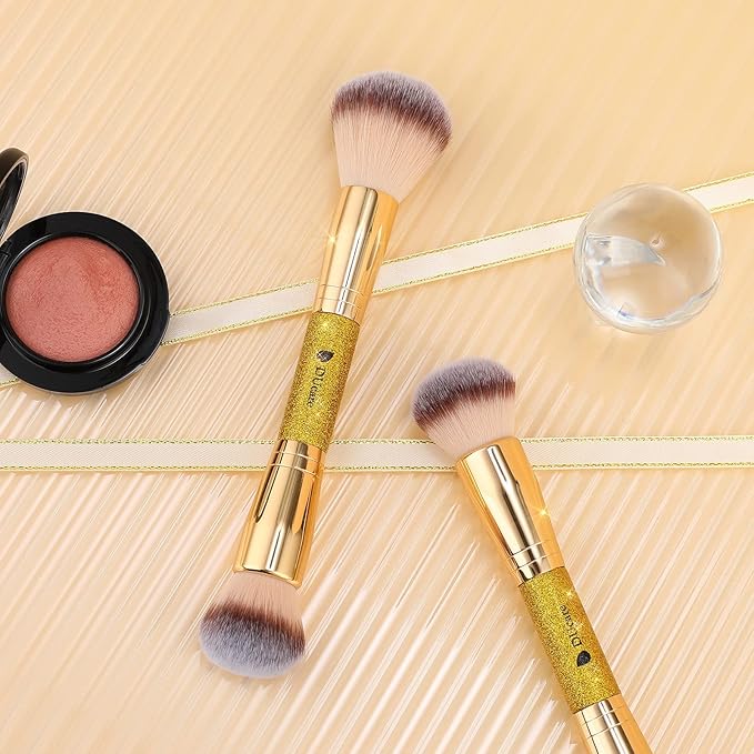 DUcare Dual End Powder Kabuki Makeup Brush Gold Glitter Vegan Synthetic for Liquid Cream Setting Powder