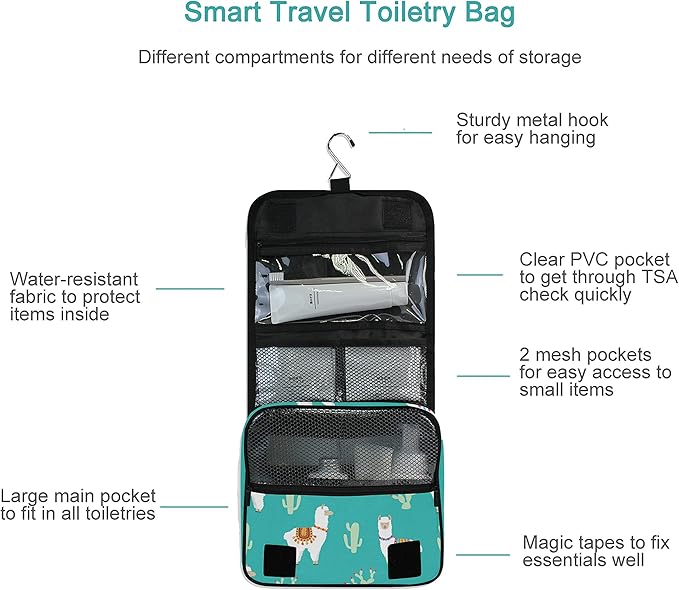senya Hanging Travel Toiletry Bag Kit Makeup Case Cosmetics Organizer for Men Women Green Llama Alpaca And Cactus