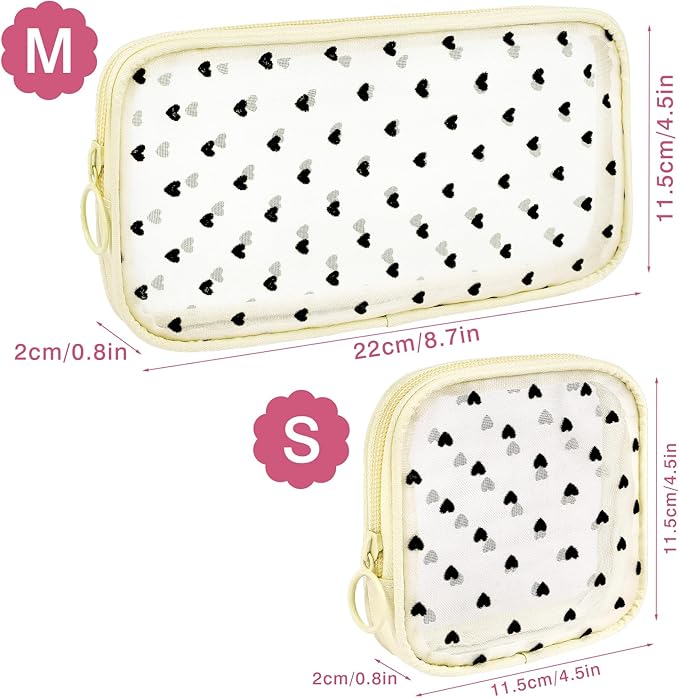 Sinzip 4 Pieces Mini Zipper Nylon Mesh Pouch, Mesh Cosmetic Bags Makeup Bags, Multipurpose Travel Toiletry Bags for Office Supplies and Travel Accessories (Heart Print-Purple, S)