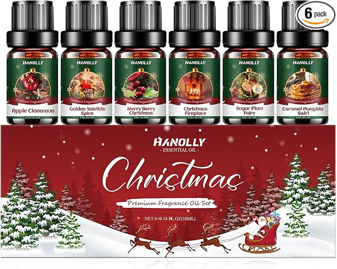 Christmas Fragrance Oil Set, 6 Premium Holiday Essential Oils for Diffuser, Candle Making - Caramel Pumpkin Swirl, Apple Cinnamon, Merry Berry Christmas, Christmas Fireplace Scented Oil Gift Set
