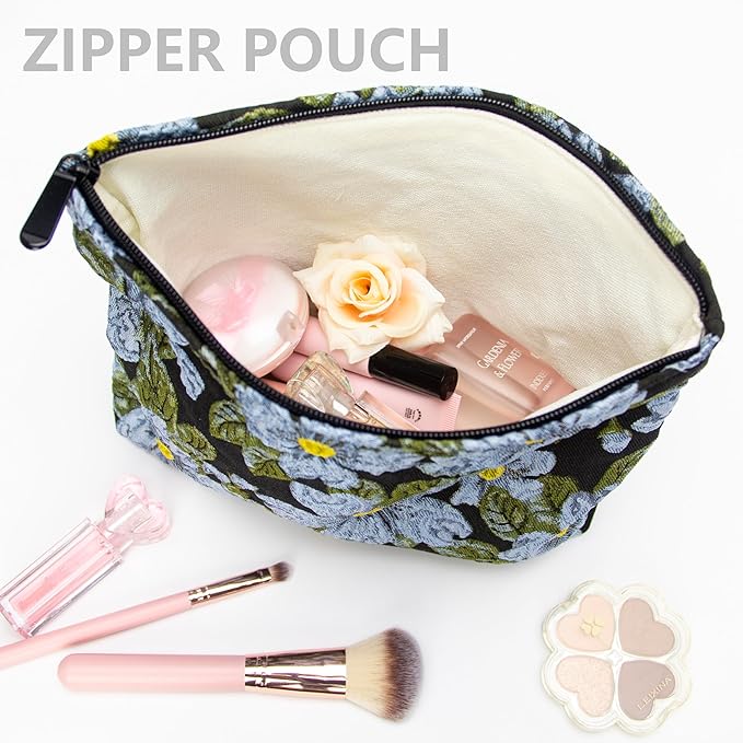 Flat Makeup Bag for Women,Zipper Cosmetic Pouch Purse,Brocade Flower Black