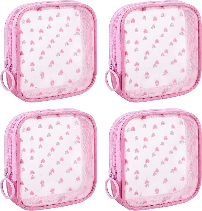 Sinzip 4 Pieces Mini Zipper Nylon Mesh Pouch, Mesh Cosmetic Bags Makeup Bags, Multipurpose Travel Toiletry Bags for Office Supplies and Travel Accessories (Heart Print-Pink, S)