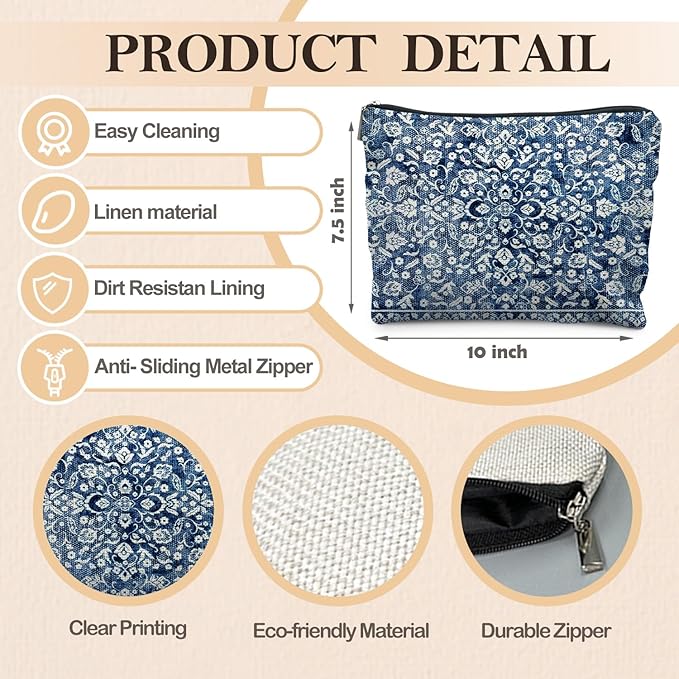 RYYCDOI Vintage Blue Chinoiserie Floral Makeup Bag, Blue and White Flower Cosmetic Bags for Women, Retro Grandmillennial Indigo Floral Zipper Makeup Pouch